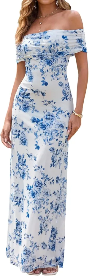 KUTUMAI Women Off Shoulder Bodycon Maxi Long Dress Mesh Ruched Elegant Formal Wedding Guest Dresses