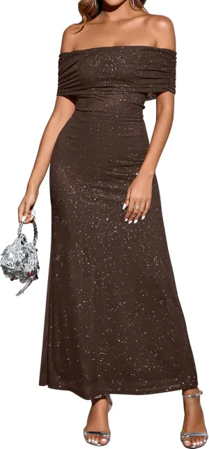 KUTUMAI Women Off Shoulder Bodycon Maxi Long Dress Mesh Ruched Elegant Formal Wedding Guest Dresses