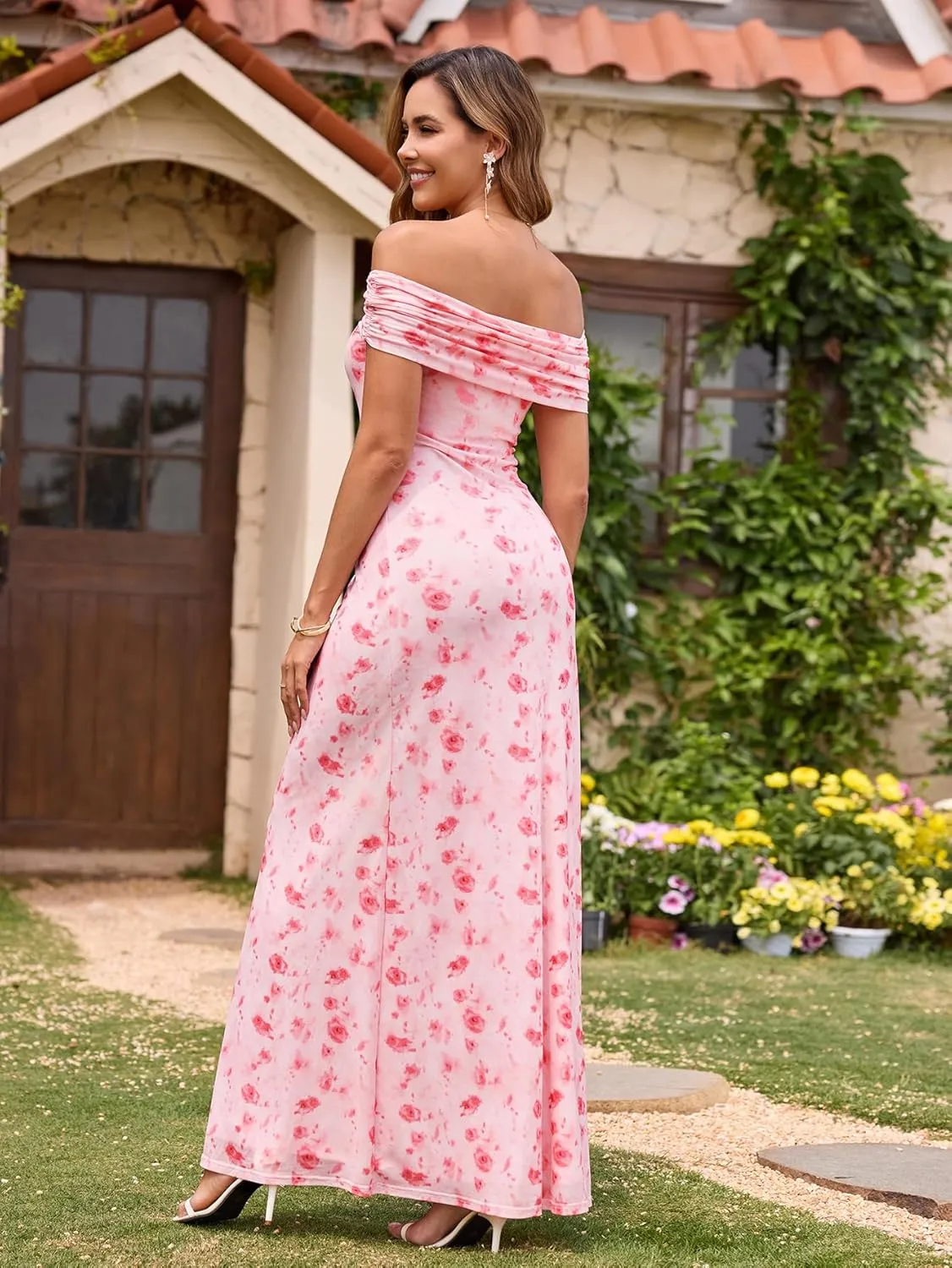 KUTUMAI Women Off Shoulder Bodycon Maxi Long Dress Mesh Ruched Elegant Formal Wedding Guest Dresses