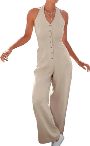 LASCANA Women's Button Down Halterneck Jumpsuit