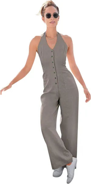 LASCANA Women's Button Down Halterneck Jumpsuit