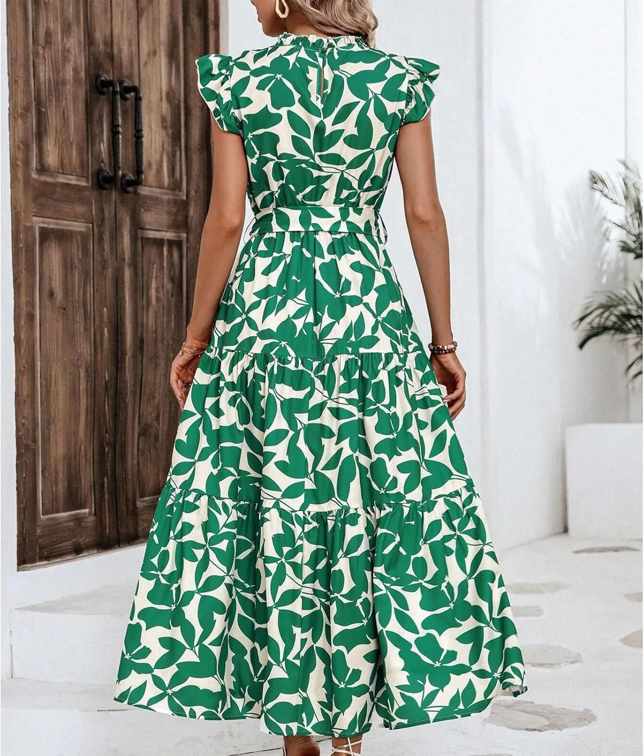 Lastesso Sundresses for Women 2024 Ruffle Cap Sleeve High Neck Dresses Trendy Printing Tie Summer Long Dress with Tie Waist