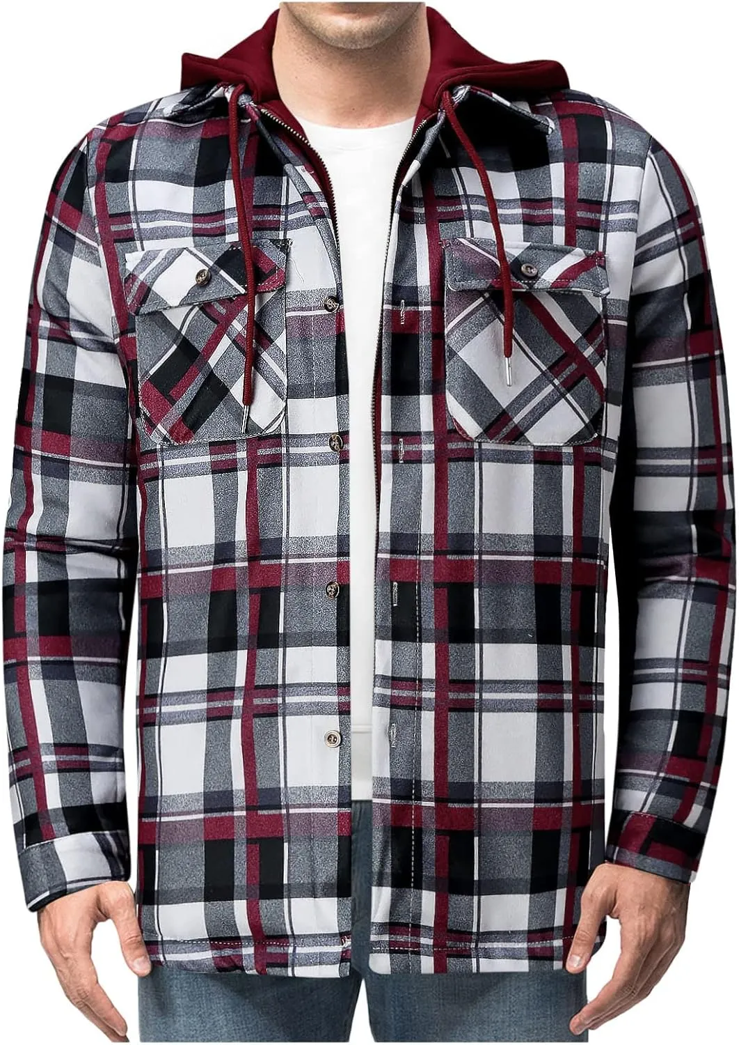 LCMTWX Men's Fleece Flannel Jackets Print Hooded Zipper Pocket Long Sleeve Shirt Patchwork Jacket Casual Loose Thickened