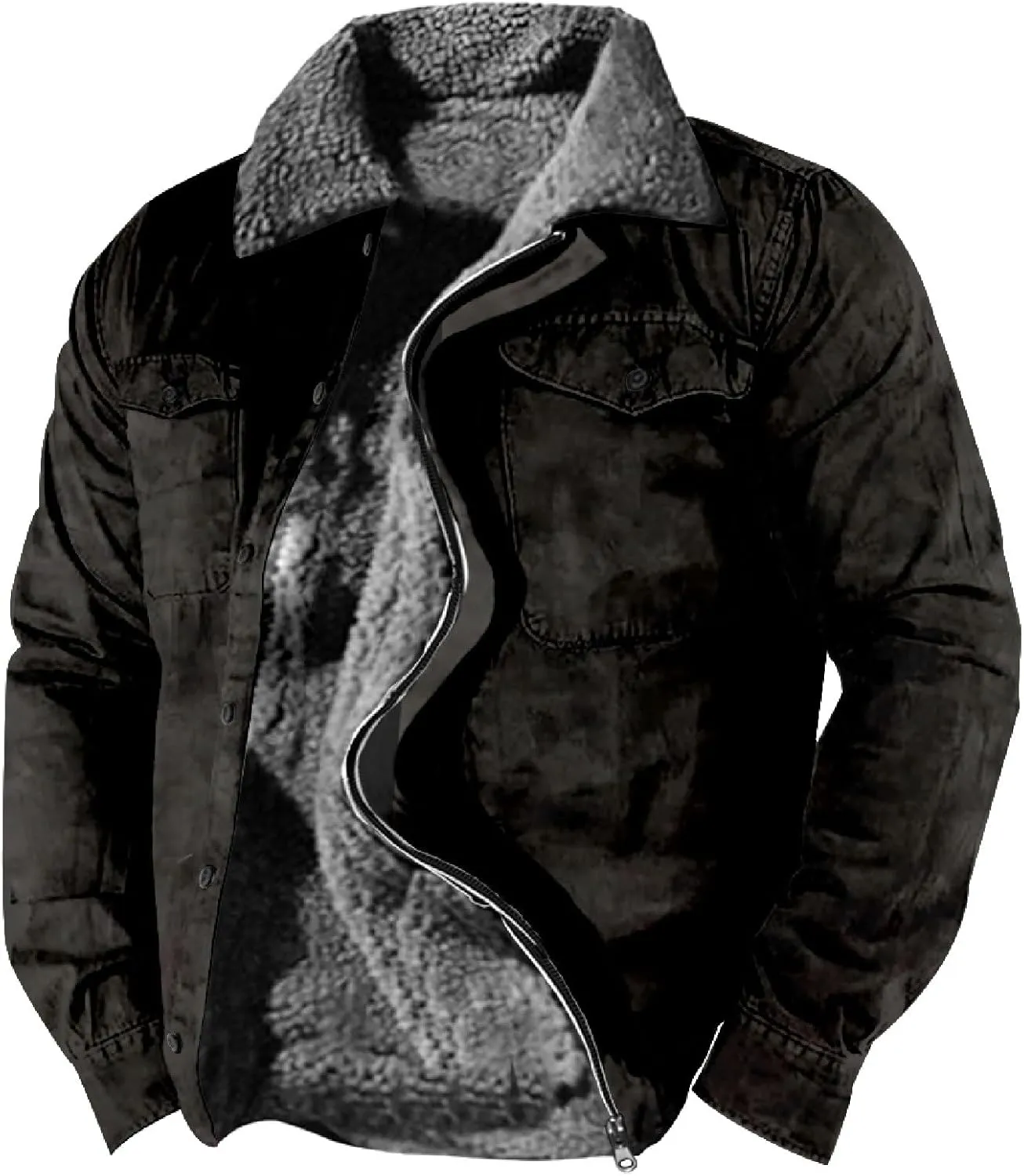 LCMTWX Men's Fleece Flannel Jackets Print Hooded Zipper Pocket Long Sleeve Shirt Patchwork Jacket Casual Loose Thickened