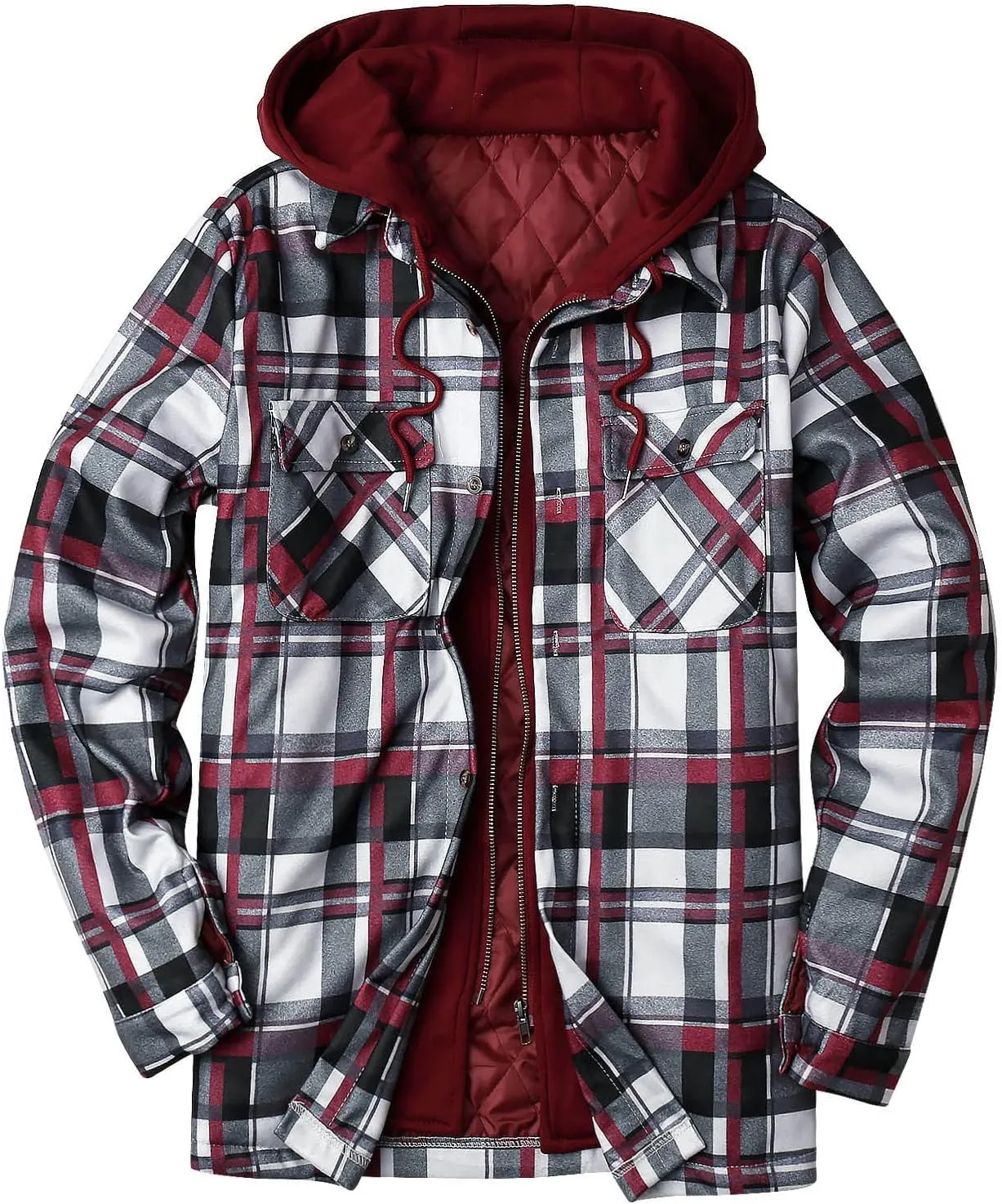 LCMTWX Men's Fleece Flannel Jackets Print Hooded Zipper Pocket Long Sleeve Shirt Patchwork Jacket Casual Loose Thickened