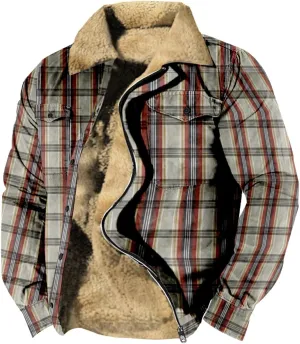 LCMTWX Men's Fleece Flannel Jackets Print Hooded Zipper Pocket Long Sleeve Shirt Patchwork Jacket Casual Loose Thickened