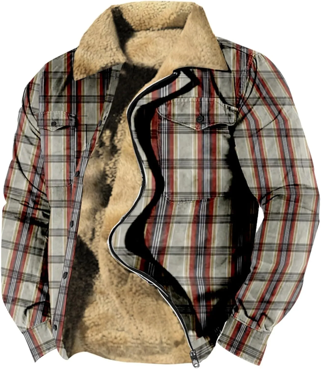 LCMTWX Men's Fleece Flannel Jackets Print Hooded Zipper Pocket Long Sleeve Shirt Patchwork Jacket Casual Loose Thickened