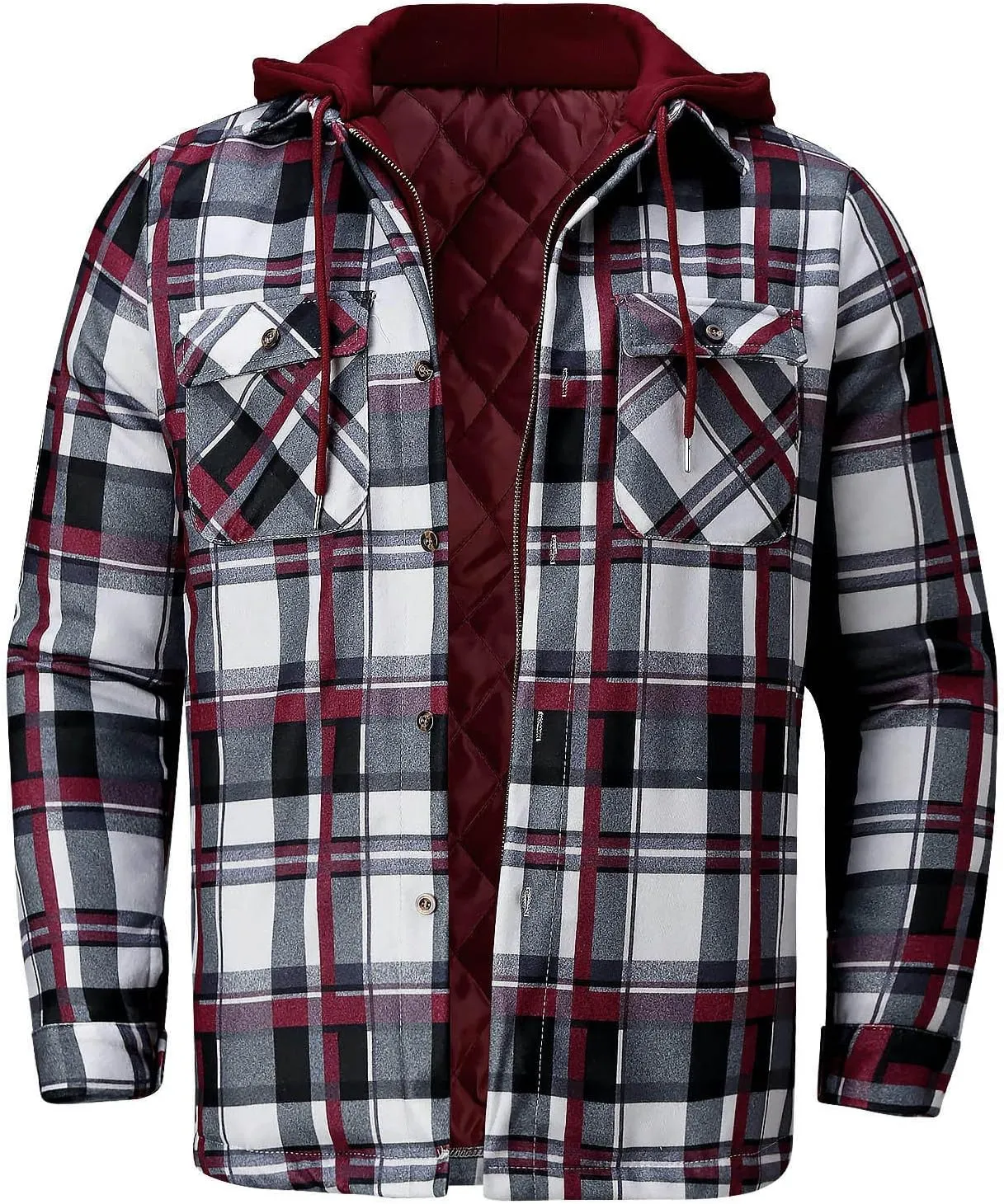 LCMTWX Men's Fleece Flannel Jackets Print Hooded Zipper Pocket Long Sleeve Shirt Patchwork Jacket Casual Loose Thickened
