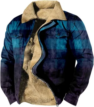 LCMTWX Men's Fleece Flannel Jackets Print Hooded Zipper Pocket Long Sleeve Shirt Patchwork Jacket Casual Loose Thickened
