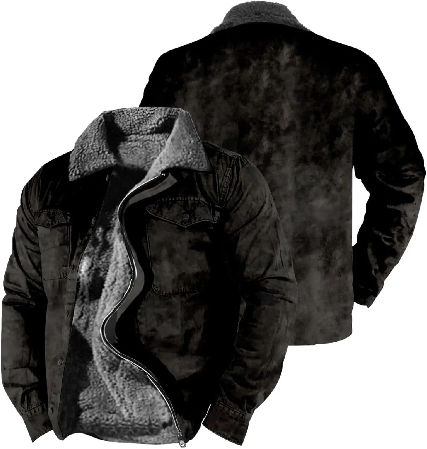 LCMTWX Men's Fleece Flannel Jackets Print Hooded Zipper Pocket Long Sleeve Shirt Patchwork Jacket Casual Loose Thickened