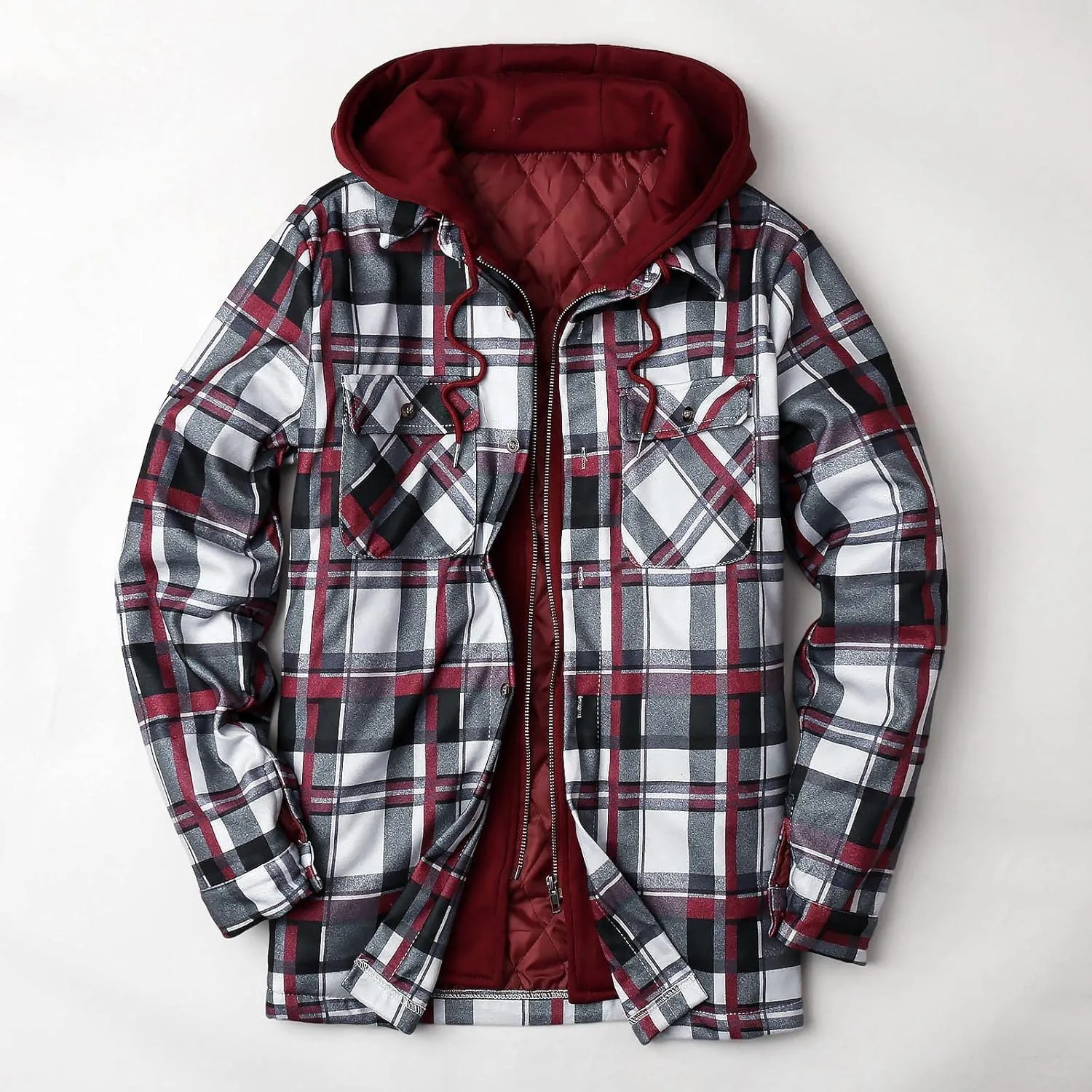 LCMTWX Men's Fleece Flannel Jackets Print Hooded Zipper Pocket Long Sleeve Shirt Patchwork Jacket Casual Loose Thickened