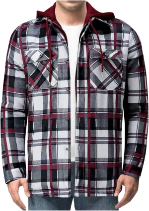 LCMTWX Men's Fleece Flannel Jackets Print Hooded Zipper Pocket Long Sleeve Shirt Patchwork Jacket Casual Loose Thickened