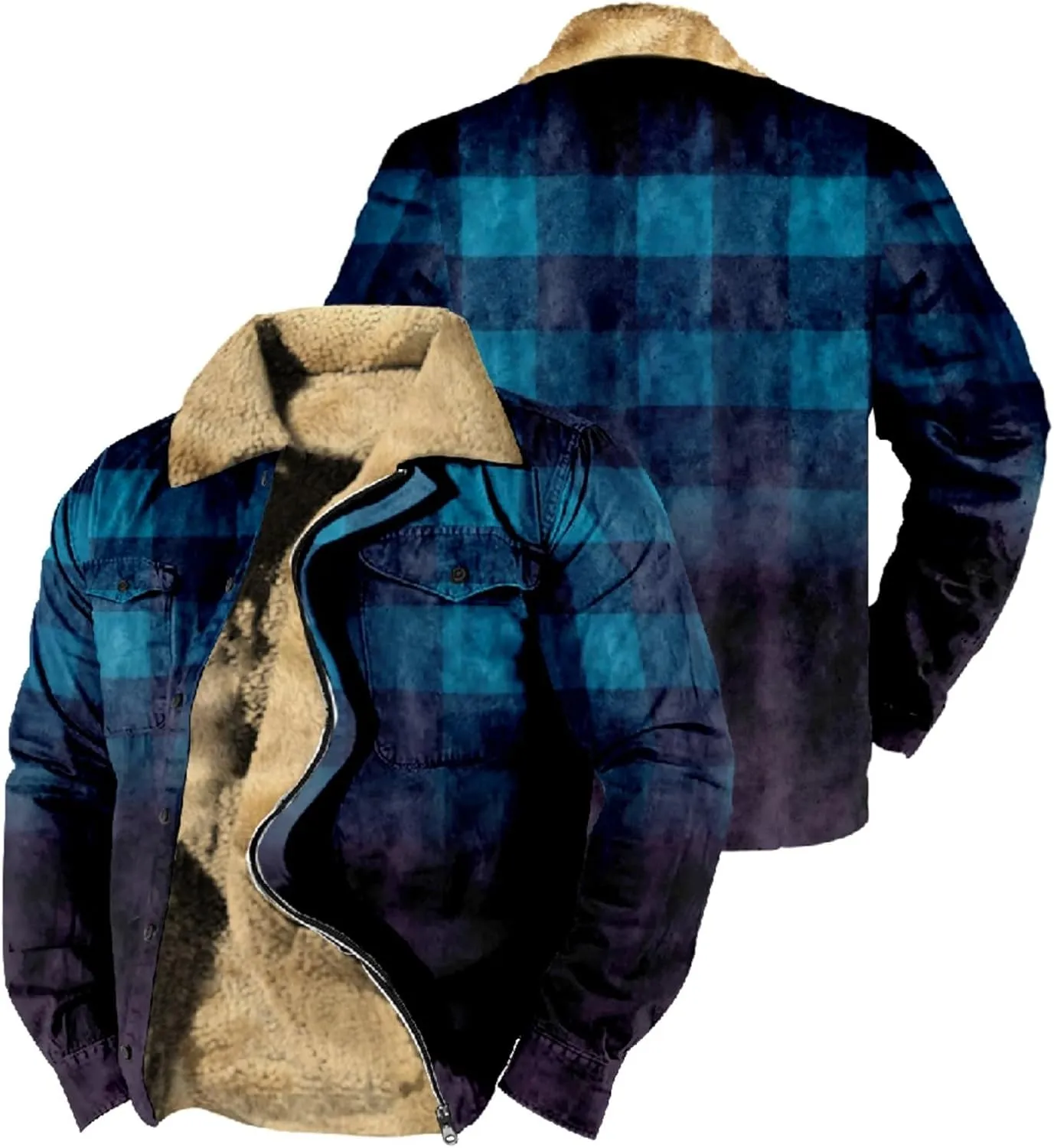 LCMTWX Men's Fleece Flannel Jackets Print Hooded Zipper Pocket Long Sleeve Shirt Patchwork Jacket Casual Loose Thickened