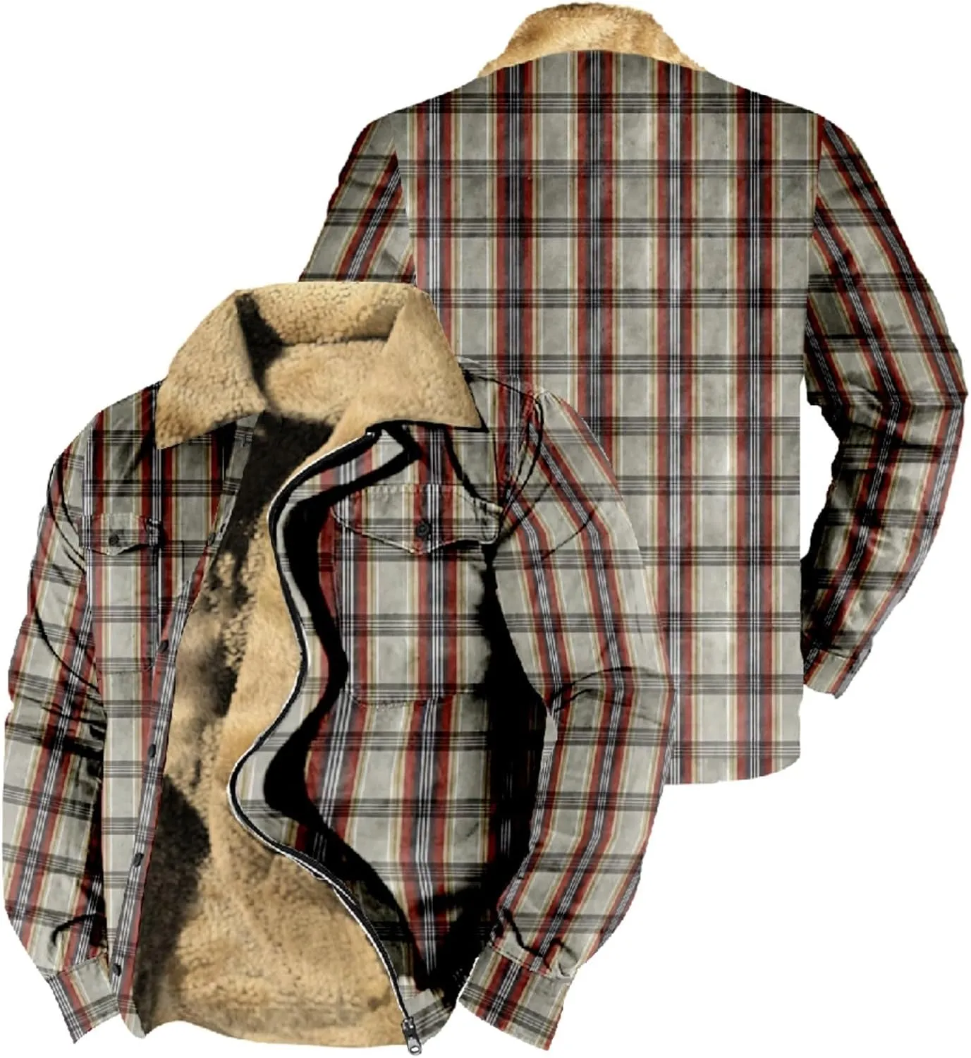 LCMTWX Men's Fleece Flannel Jackets Print Hooded Zipper Pocket Long Sleeve Shirt Patchwork Jacket Casual Loose Thickened