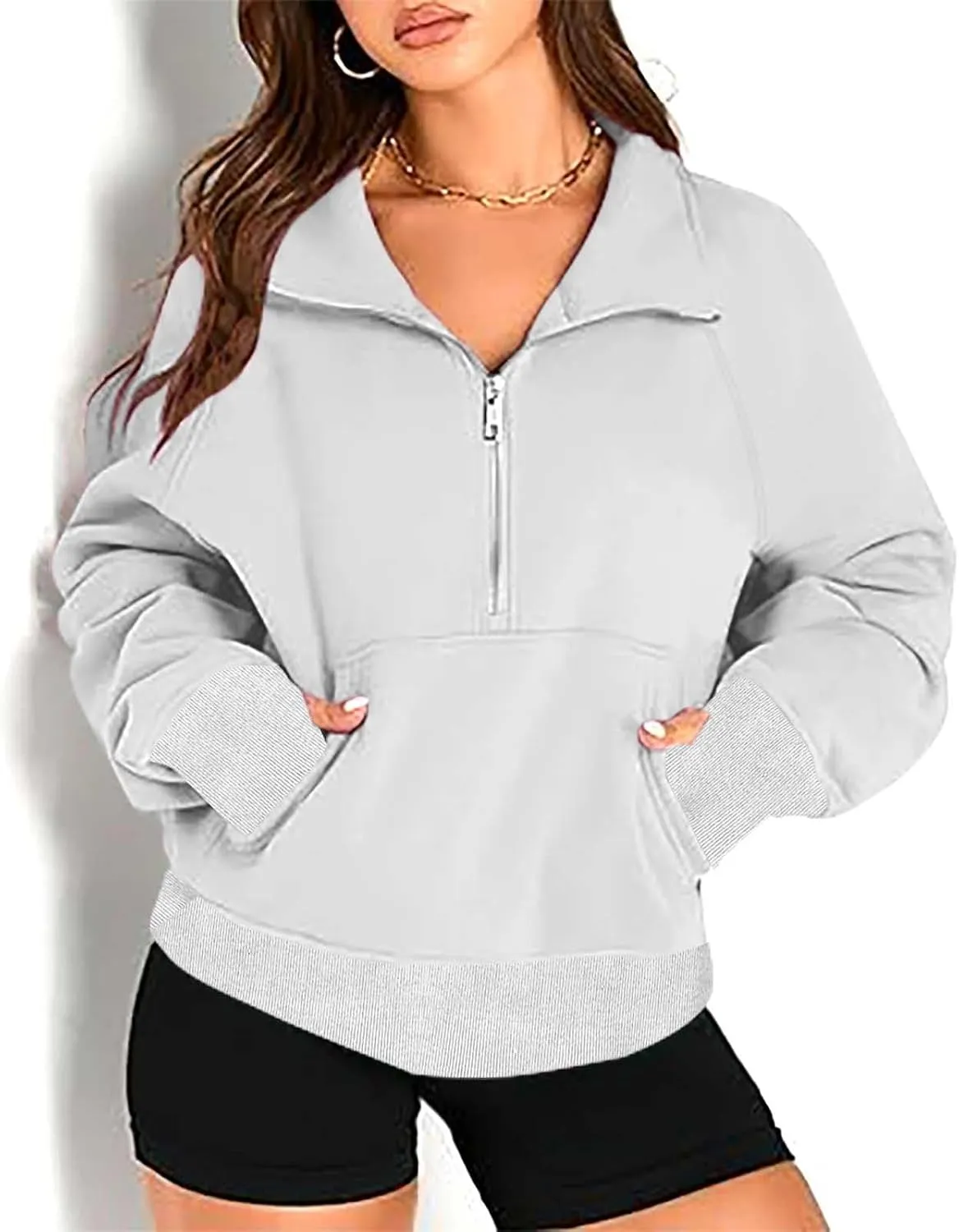 lcziwo Half Zip Sweatshirts Women Oversized Fleece Cropped Pullover Quarter Zipper Fall Outfits 2024 Winter Clothes