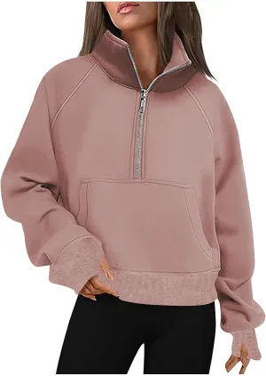 lcziwo Half Zip Sweatshirts Women Oversized Fleece Cropped Pullover Quarter Zipper Fall Outfits 2024 Winter Clothes