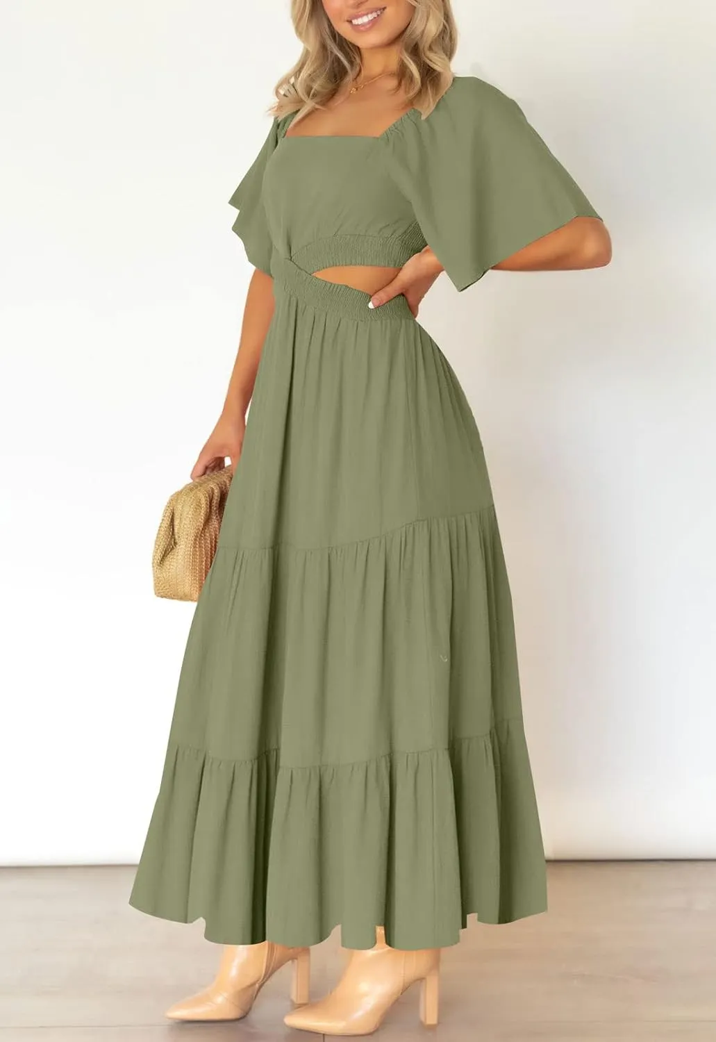 LEANI Women's 2025 Summer Cutout Maxi Dress Square Neck Short Sleeve Crossover Waist Casual Party Dresses