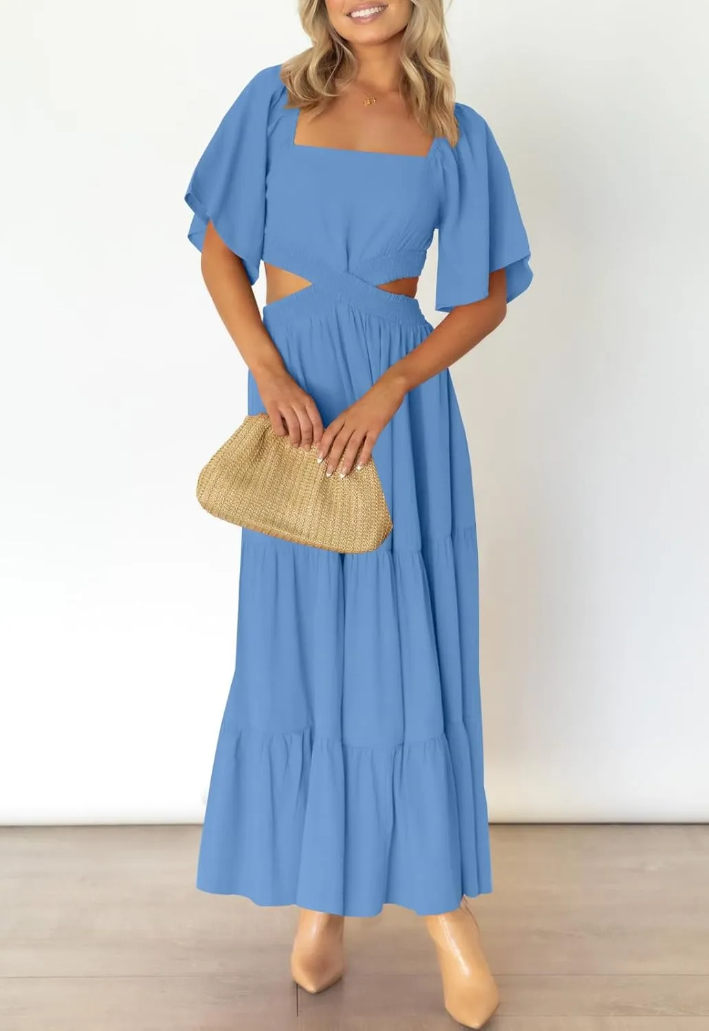 LEANI Women's 2025 Summer Cutout Maxi Dress Square Neck Short Sleeve Crossover Waist Casual Party Dresses