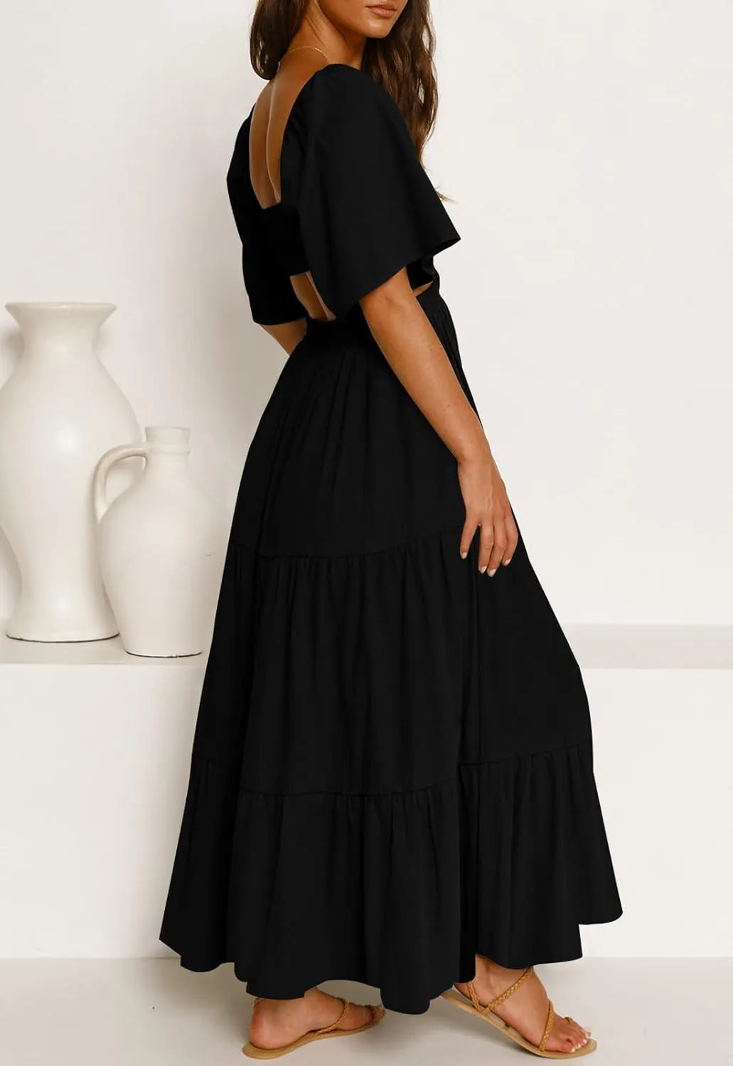 LEANI Women's 2025 Summer Cutout Maxi Dress Square Neck Short Sleeve Crossover Waist Casual Party Dresses