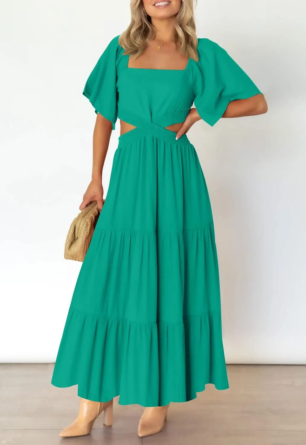 LEANI Women's 2025 Summer Cutout Maxi Dress Square Neck Short Sleeve Crossover Waist Casual Party Dresses