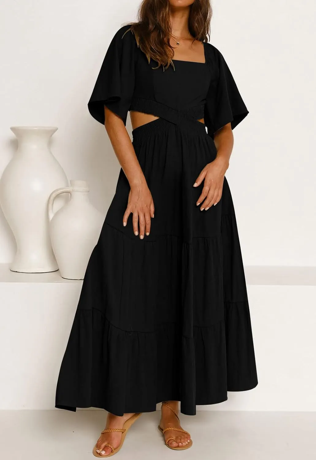 LEANI Women's 2025 Summer Cutout Maxi Dress Square Neck Short Sleeve Crossover Waist Casual Party Dresses