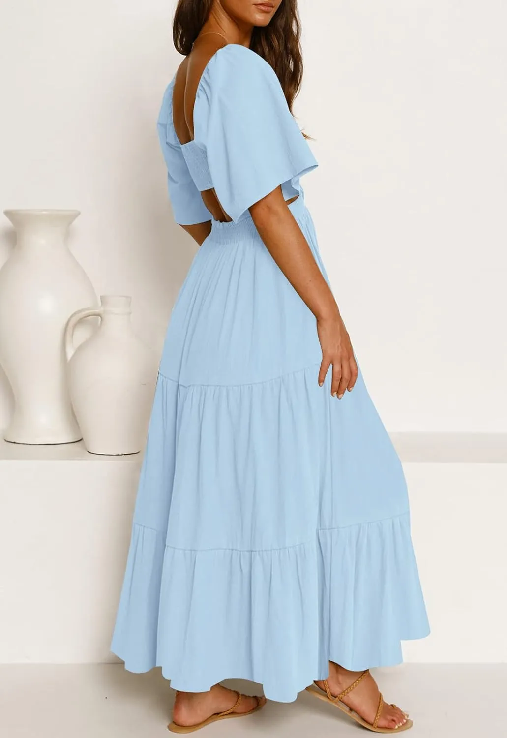 LEANI Women's 2025 Summer Cutout Maxi Dress Square Neck Short Sleeve Crossover Waist Casual Party Dresses