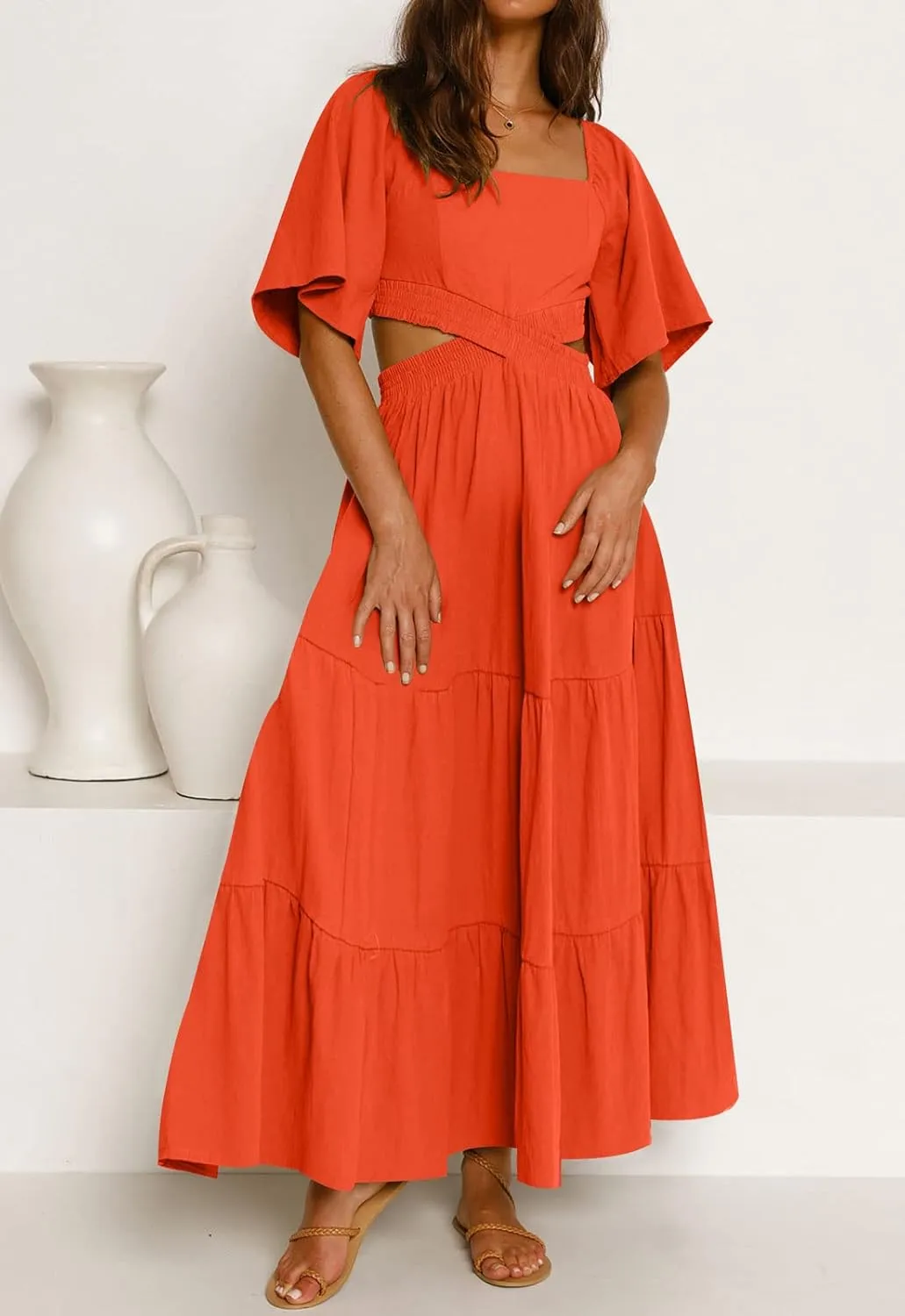 LEANI Women's 2025 Summer Cutout Maxi Dress Square Neck Short Sleeve Crossover Waist Casual Party Dresses