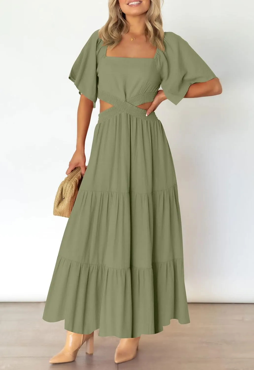 LEANI Women's 2025 Summer Cutout Maxi Dress Square Neck Short Sleeve Crossover Waist Casual Party Dresses