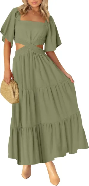 LEANI Women's 2025 Summer Cutout Maxi Dress Square Neck Short Sleeve Crossover Waist Casual Party Dresses