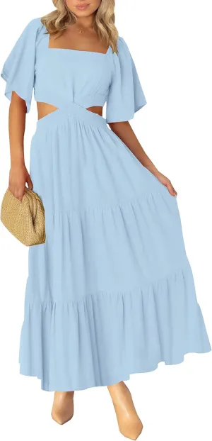 LEANI Women's 2025 Summer Cutout Maxi Dress Square Neck Short Sleeve Crossover Waist Casual Party Dresses