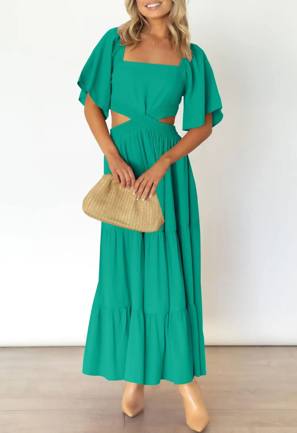 LEANI Women's 2025 Summer Cutout Maxi Dress Square Neck Short Sleeve Crossover Waist Casual Party Dresses