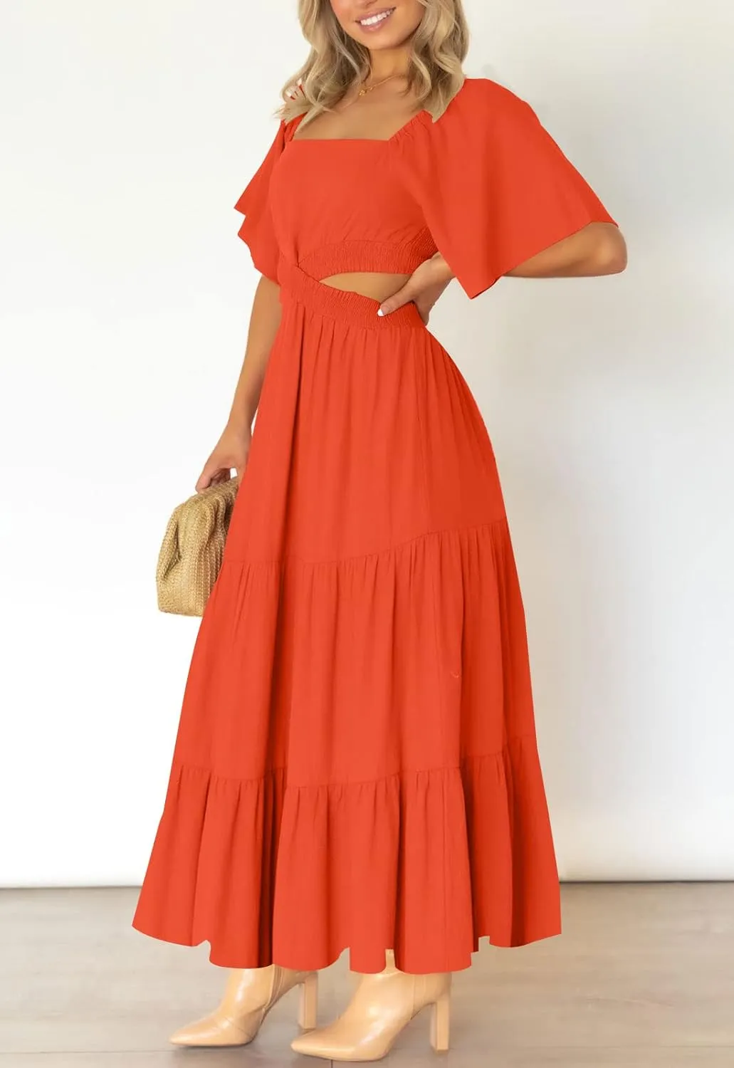 LEANI Women's 2025 Summer Cutout Maxi Dress Square Neck Short Sleeve Crossover Waist Casual Party Dresses