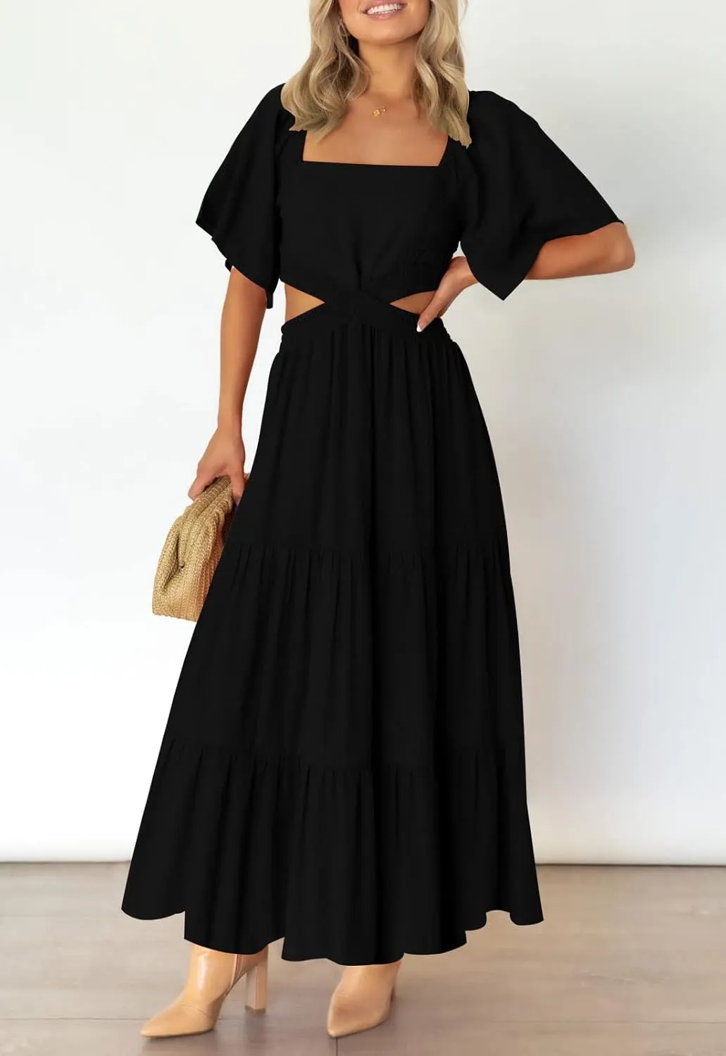 LEANI Women's 2025 Summer Cutout Maxi Dress Square Neck Short Sleeve Crossover Waist Casual Party Dresses