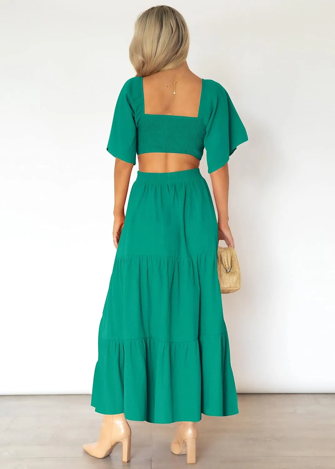 LEANI Women's 2025 Summer Cutout Maxi Dress Square Neck Short Sleeve Crossover Waist Casual Party Dresses