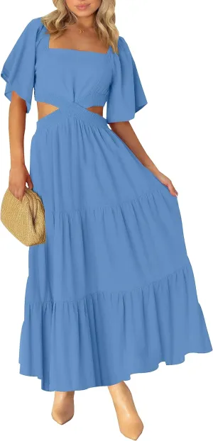 LEANI Women's 2025 Summer Cutout Maxi Dress Square Neck Short Sleeve Crossover Waist Casual Party Dresses