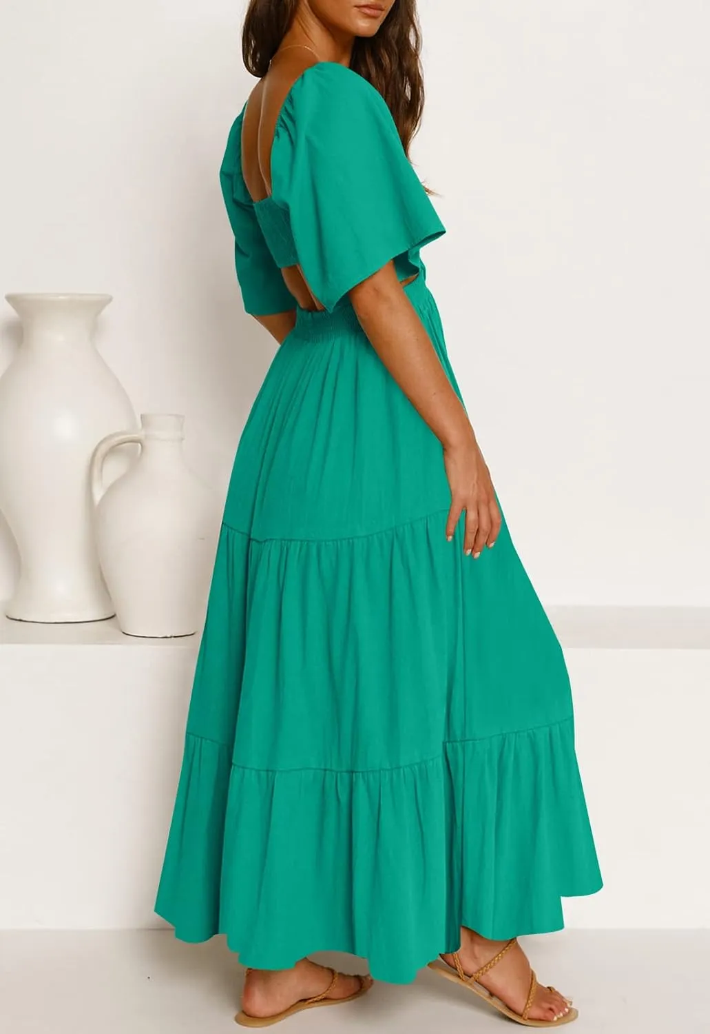 LEANI Women's 2025 Summer Cutout Maxi Dress Square Neck Short Sleeve Crossover Waist Casual Party Dresses