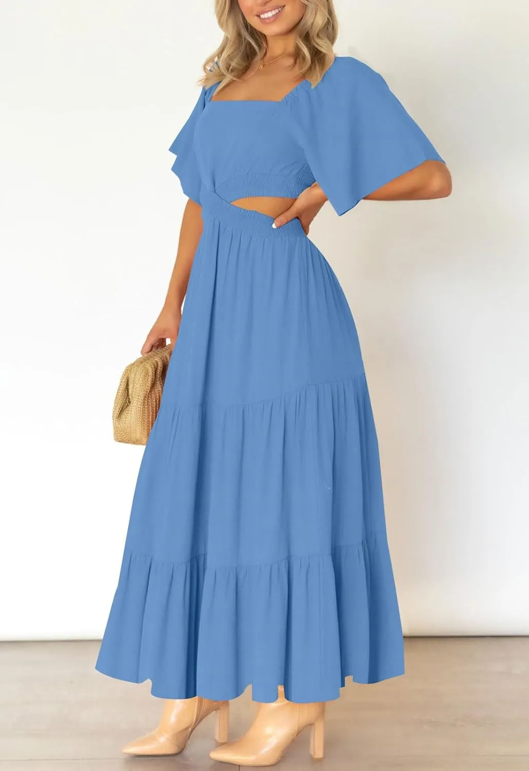 LEANI Women's 2025 Summer Cutout Maxi Dress Square Neck Short Sleeve Crossover Waist Casual Party Dresses