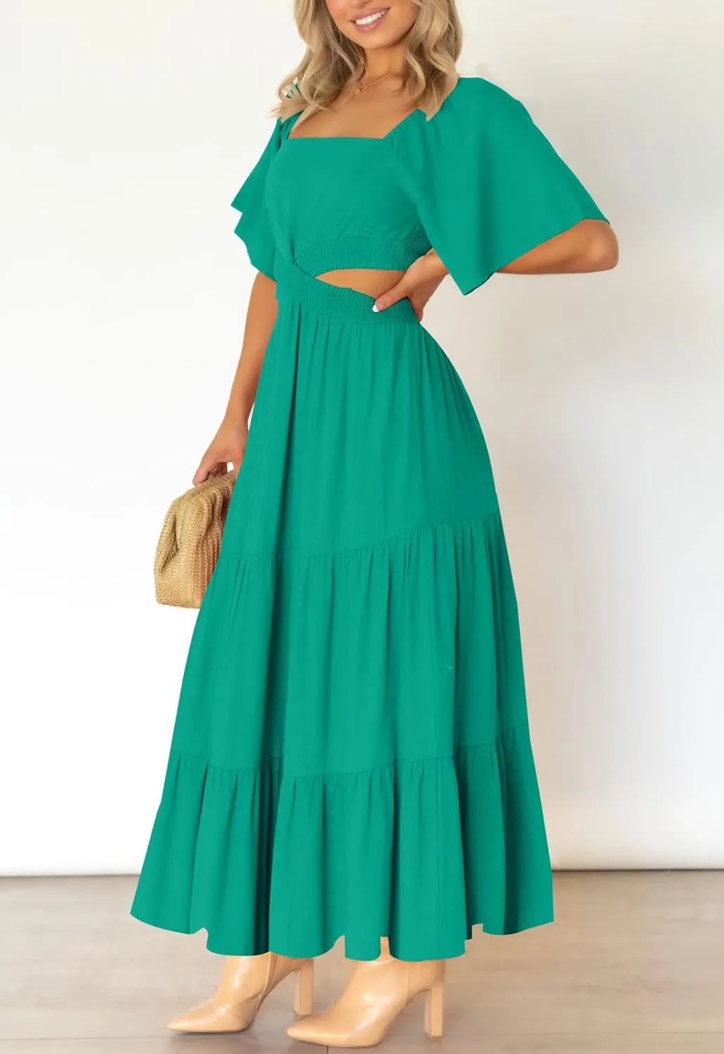 LEANI Women's 2025 Summer Cutout Maxi Dress Square Neck Short Sleeve Crossover Waist Casual Party Dresses