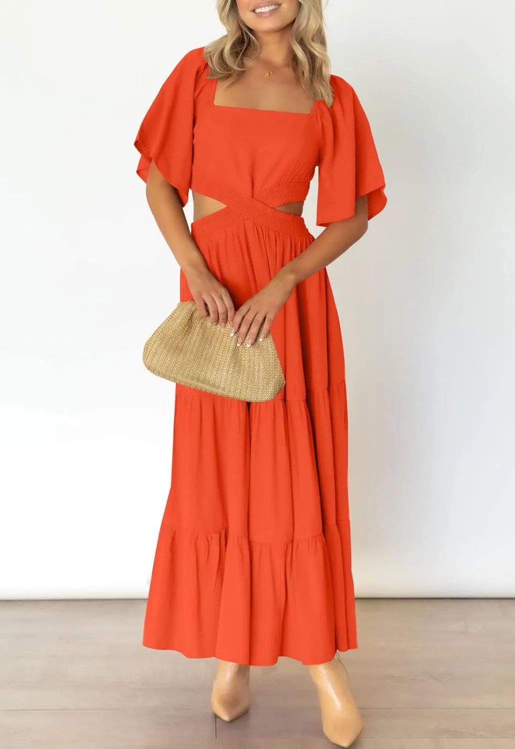 LEANI Women's 2025 Summer Cutout Maxi Dress Square Neck Short Sleeve Crossover Waist Casual Party Dresses