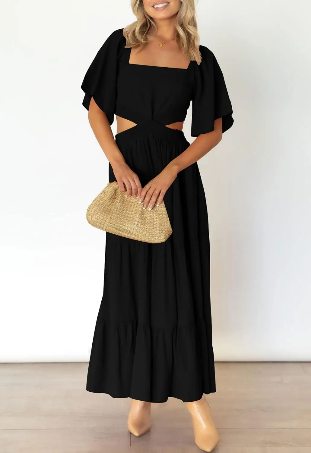 LEANI Women's 2025 Summer Cutout Maxi Dress Square Neck Short Sleeve Crossover Waist Casual Party Dresses