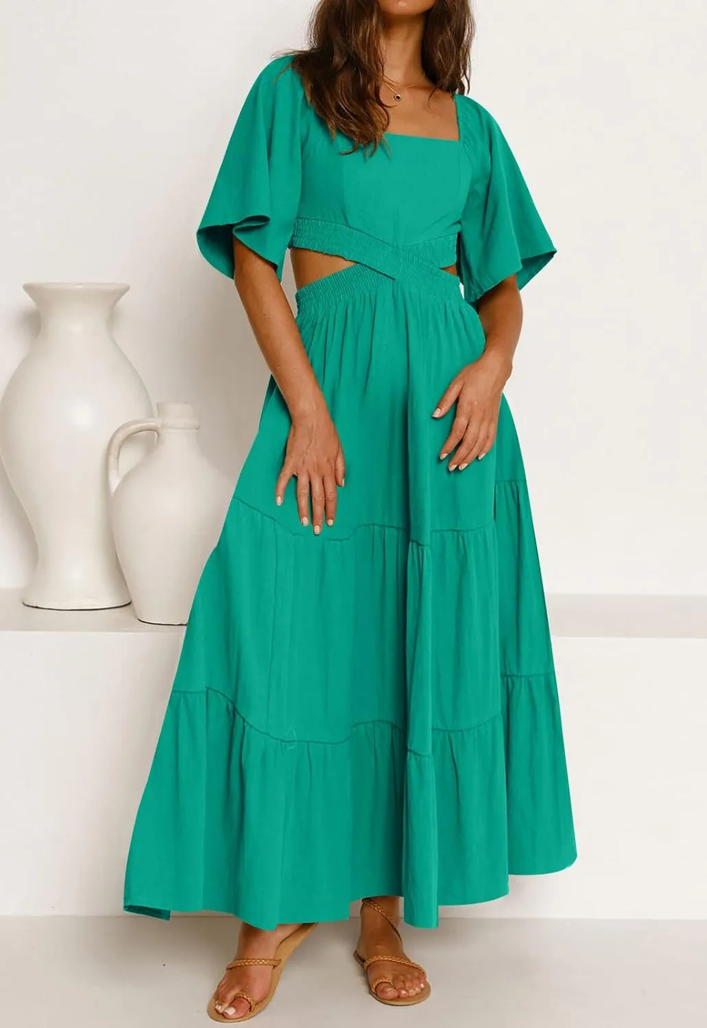LEANI Women's 2025 Summer Cutout Maxi Dress Square Neck Short Sleeve Crossover Waist Casual Party Dresses
