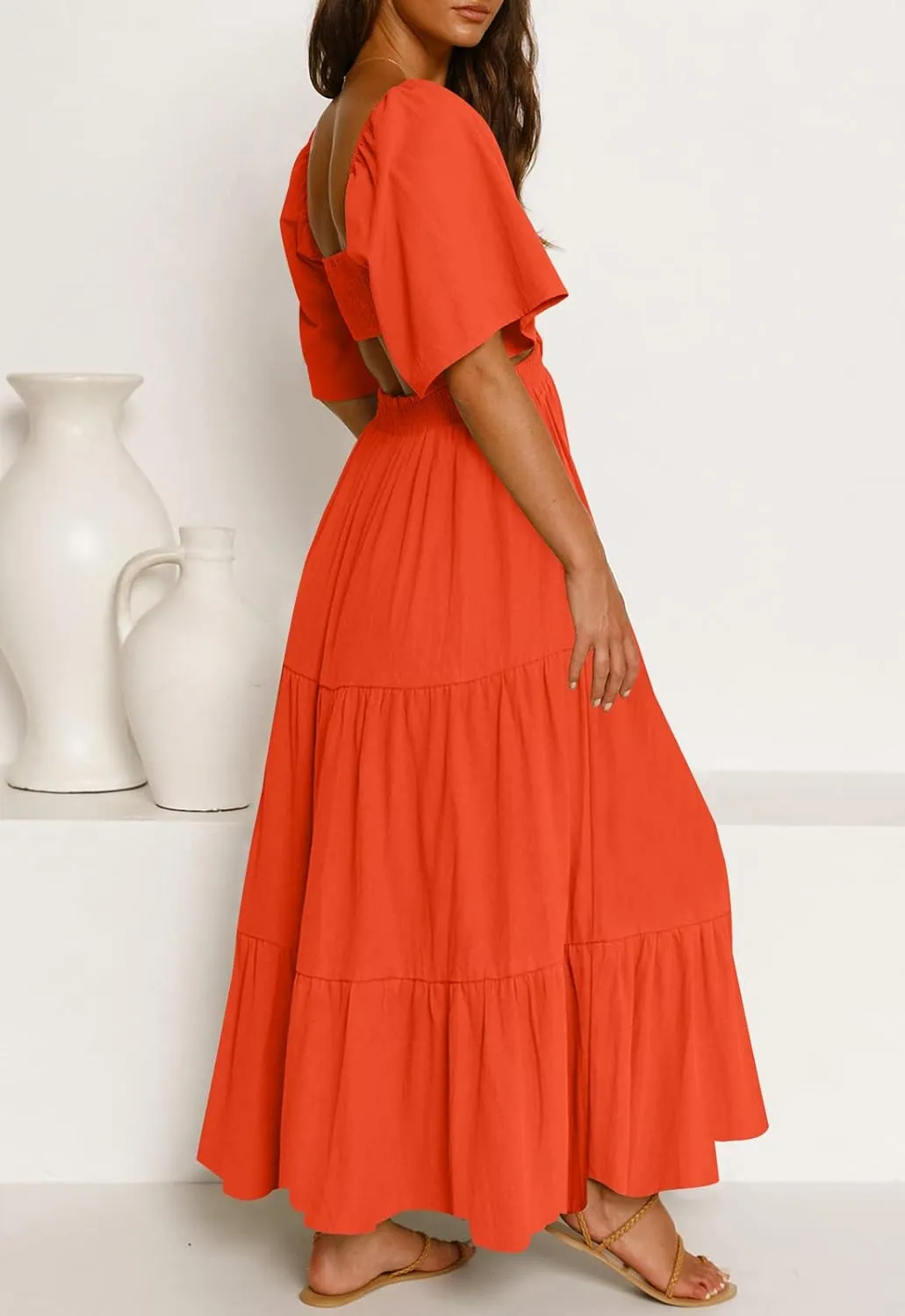 LEANI Women's 2025 Summer Cutout Maxi Dress Square Neck Short Sleeve Crossover Waist Casual Party Dresses