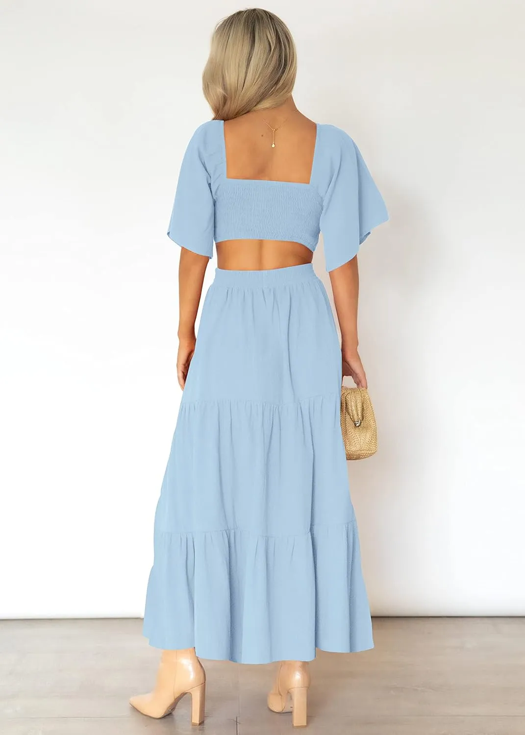 LEANI Women's 2025 Summer Cutout Maxi Dress Square Neck Short Sleeve Crossover Waist Casual Party Dresses