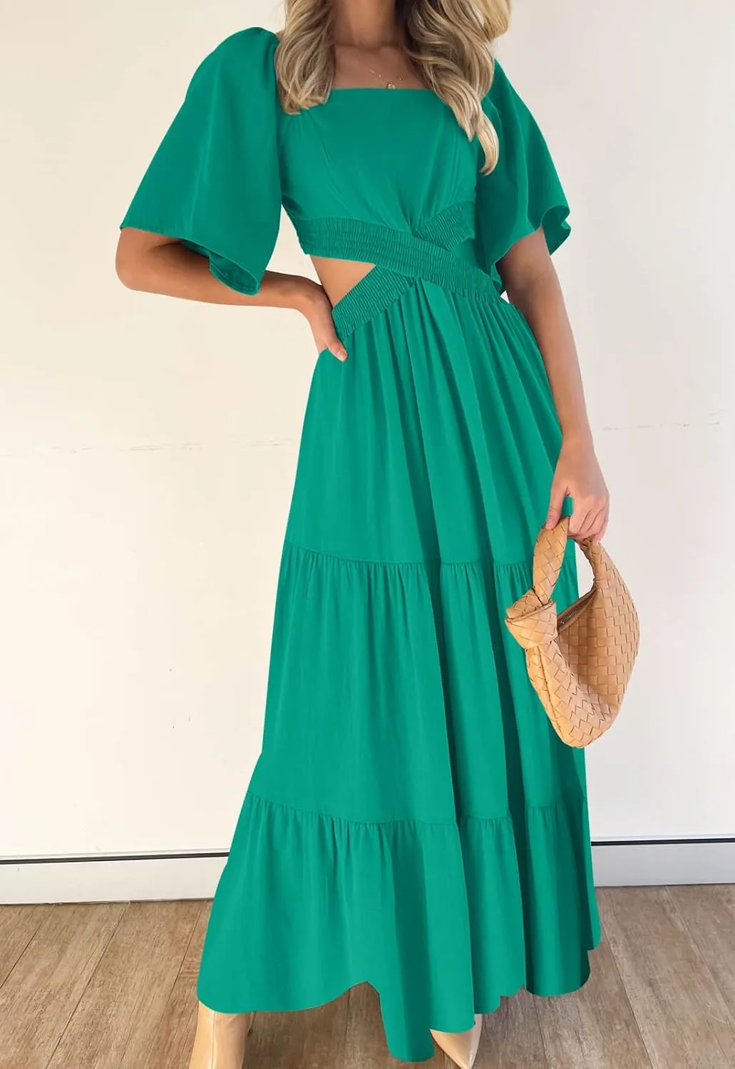 LEANI Women's 2025 Summer Cutout Maxi Dress Square Neck Short Sleeve Crossover Waist Casual Party Dresses