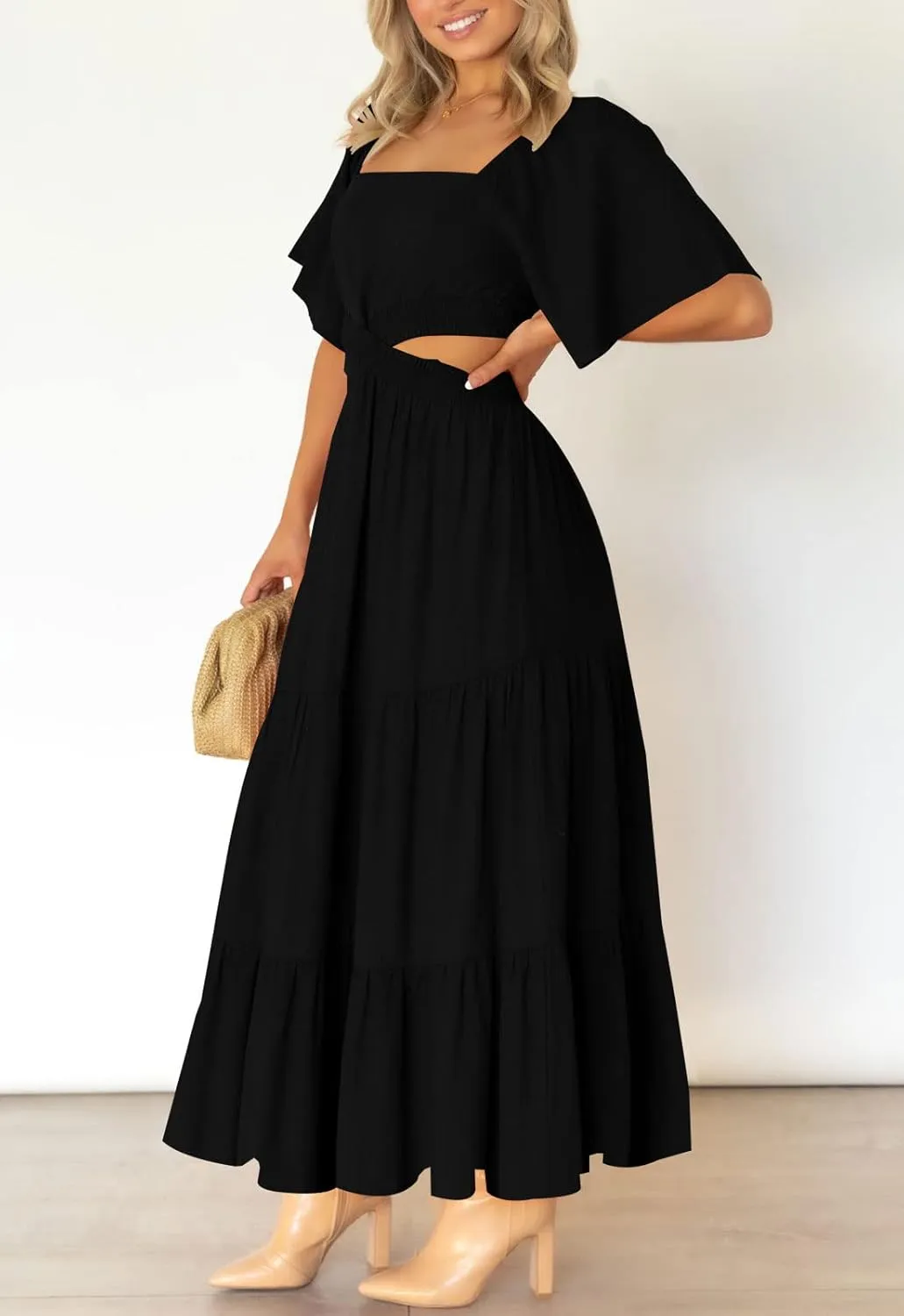 LEANI Women's 2025 Summer Cutout Maxi Dress Square Neck Short Sleeve Crossover Waist Casual Party Dresses