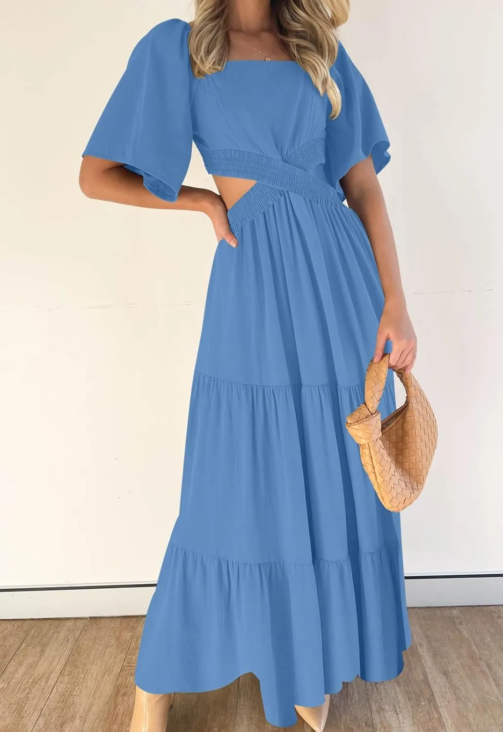 LEANI Women's 2025 Summer Cutout Maxi Dress Square Neck Short Sleeve Crossover Waist Casual Party Dresses