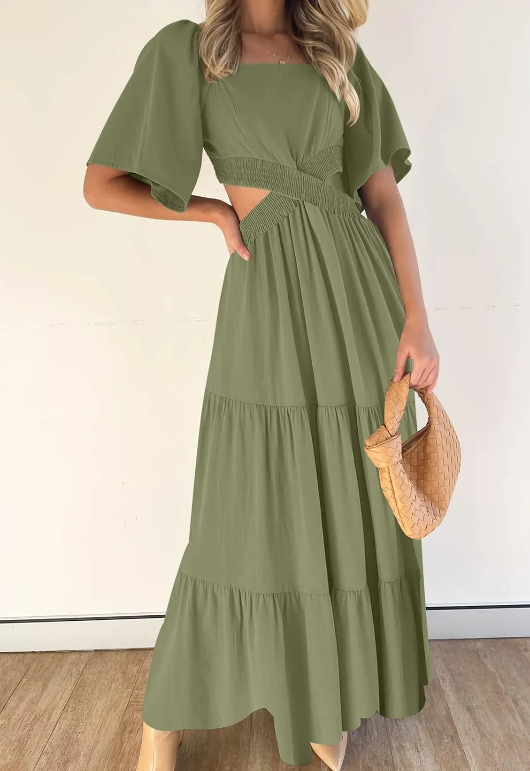 LEANI Women's 2025 Summer Cutout Maxi Dress Square Neck Short Sleeve Crossover Waist Casual Party Dresses