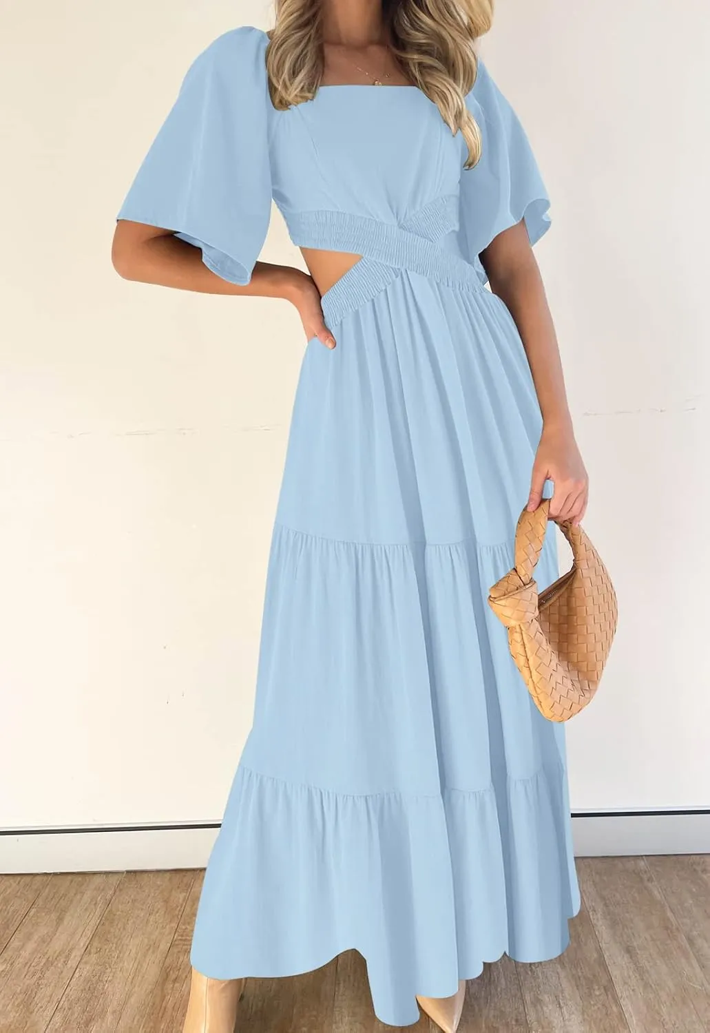 LEANI Women's 2025 Summer Cutout Maxi Dress Square Neck Short Sleeve Crossover Waist Casual Party Dresses