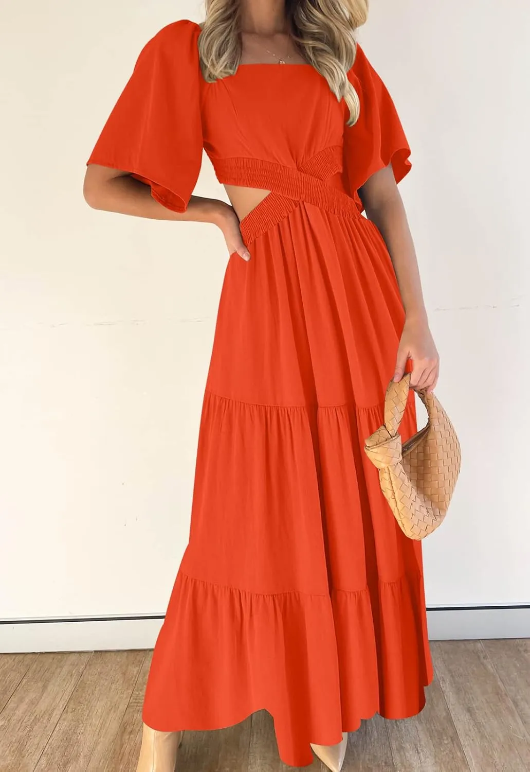 LEANI Women's 2025 Summer Cutout Maxi Dress Square Neck Short Sleeve Crossover Waist Casual Party Dresses