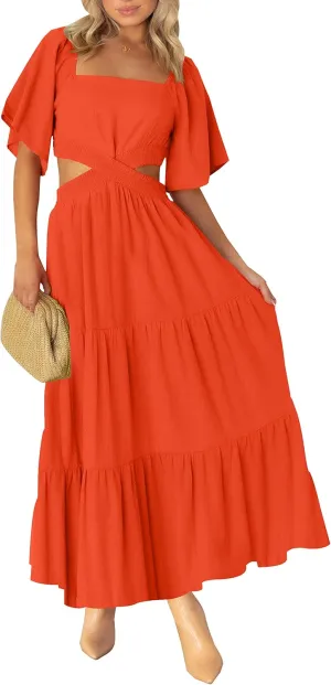 LEANI Women's 2025 Summer Cutout Maxi Dress Square Neck Short Sleeve Crossover Waist Casual Party Dresses